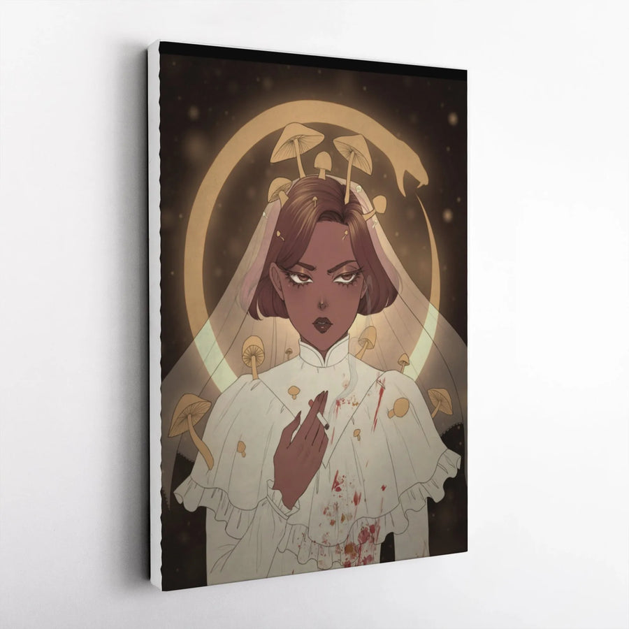 Gothic Mushroom Bride Vertical Canvas | Surreal Ouroboros Illustration | Premium 1.25" Gallery Wrapped Canvas | Dark Fantasy Home Decor Gift