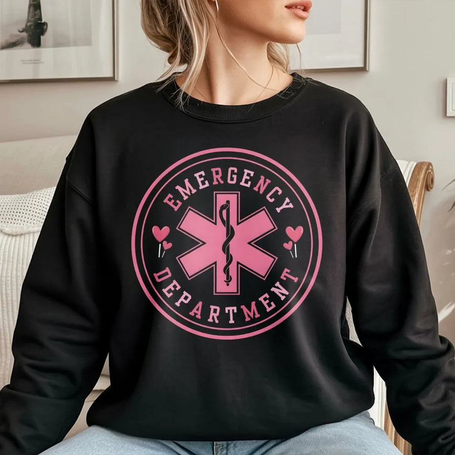 Emergency Department Sweatshirt | Pink Star of Life Heart Design | Premium Cotton Blend | Valentine Gift for ER Nurse, Doctor, Medical Staff