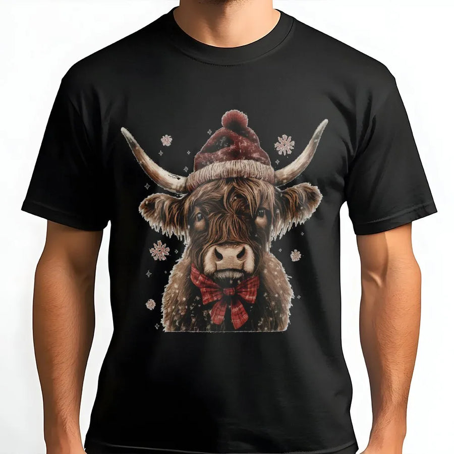 Christmas Highland Cow T-Shirt | Festive Santa Hat & Plaid Bow Graphic | Premium Soft Cotton | Cute Holiday Farmhouse Gift for Women