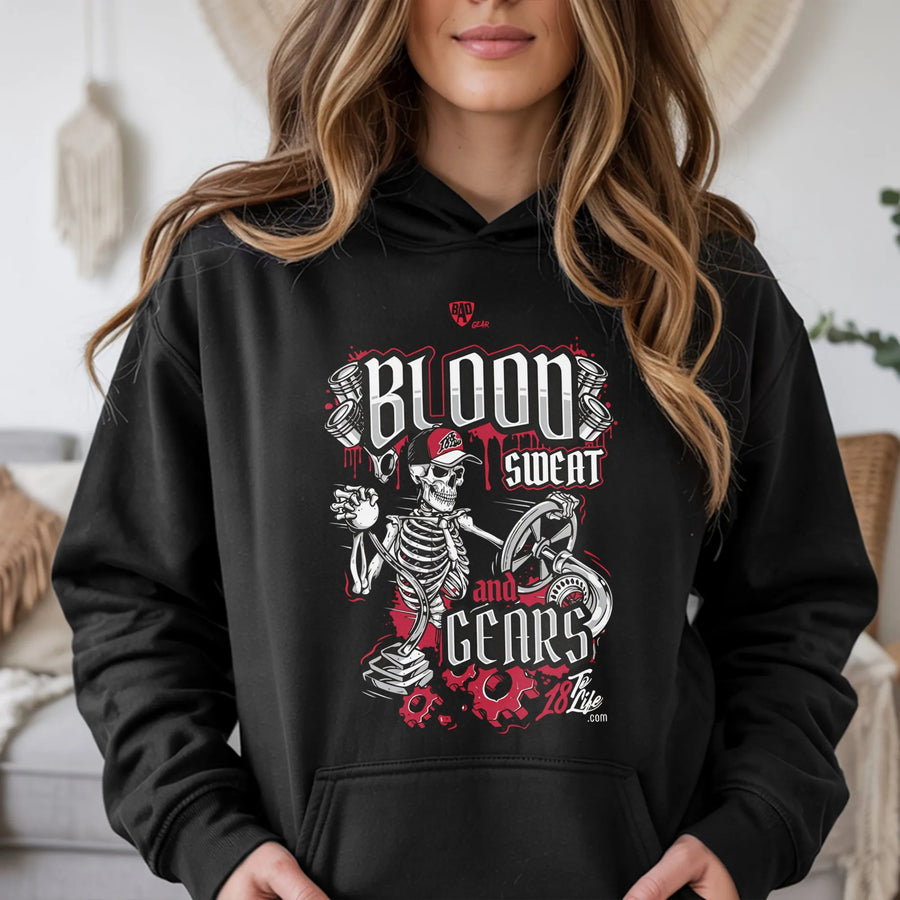 Blood Sweat And Gears Hoodie | Skeleton Mechanic Graphic Print | Premium Cotton-Blend | Gift For Truckers Diesel Mechanics And Gearheads