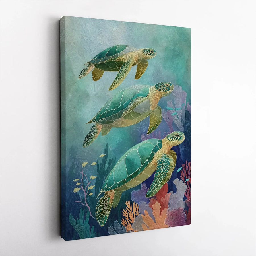 Sea Turtle Wall Art | Trio Swimming Turtles & Vibrant Coral Reef Canvas | 1.25" Gallery Wrap | Premium Ocean Decor Gift For Beach House