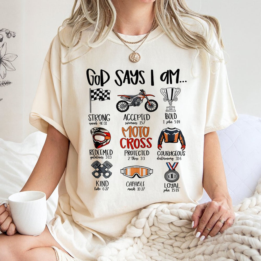 God Says I Am Motocross T-Shirt | Christian Dirt Bike Graphic | 100% Cotton Premium Apparel | Faith-Based Gift for Dirt Biker Kids and Adults