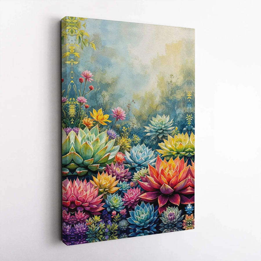 Vibrant Succulent Garden Canvas Print | Watercolor Botanical Art | Premium Gallery Wrapped Canvas | Modern Botanical Home Decor Gift