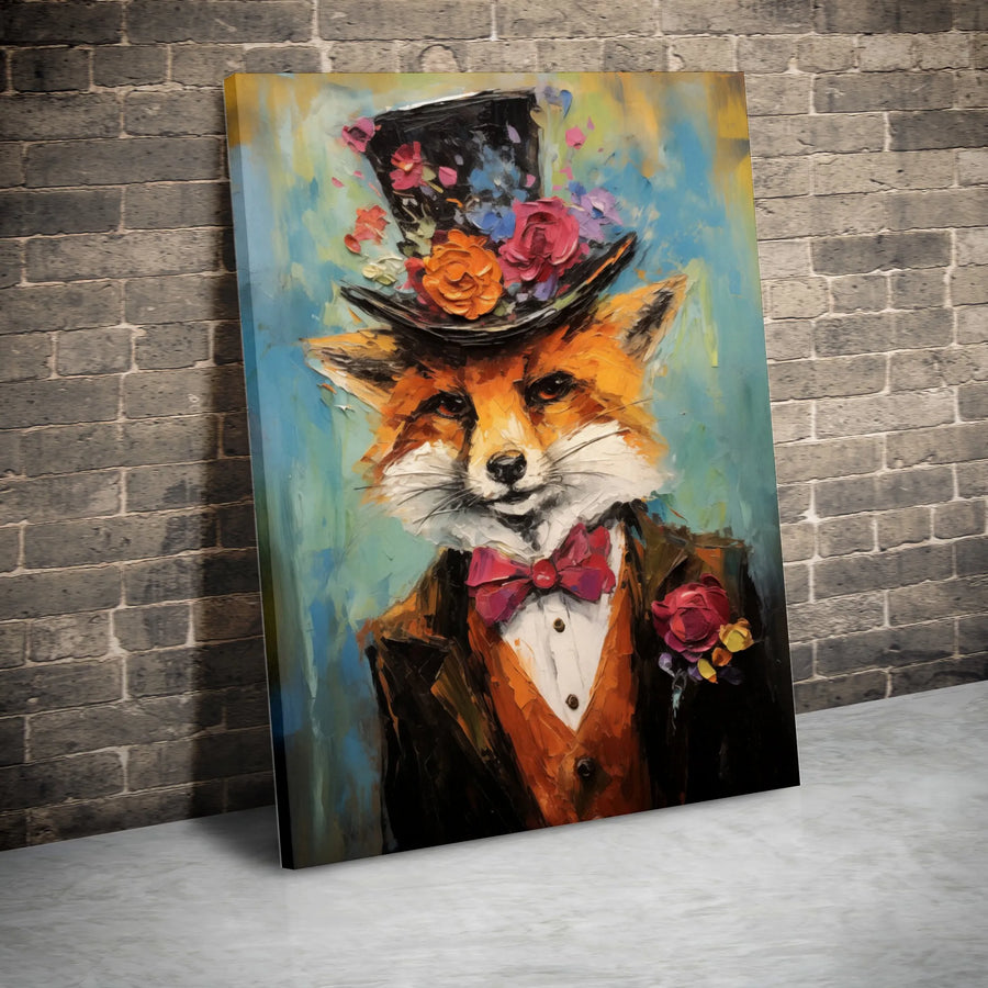 Dapper Fox Canvas Wall Art | Whimsical Animal Portrait in Floral Top Hat | Premium Gallery-Wrapped Print | Unique Home Decor Gift for Animal Lovers
