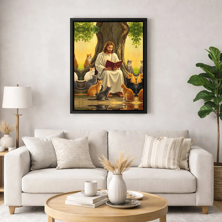 Jesus Reading Bible with Cats Canvas Art | Whimsical Religious Wall Decor | Premium Fade-Resistant Print | Spiritual Home Gift for Cat Lovers