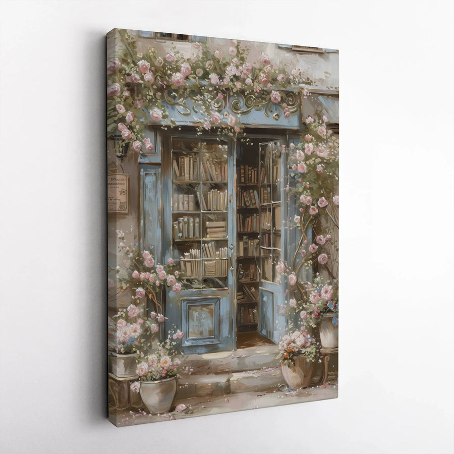 Vintage Bookstore Canvas Print | Floral Blue Door Library Art | Gallery Wrapped Premium Quality | Romantic Cottagecore Home Decor Gift