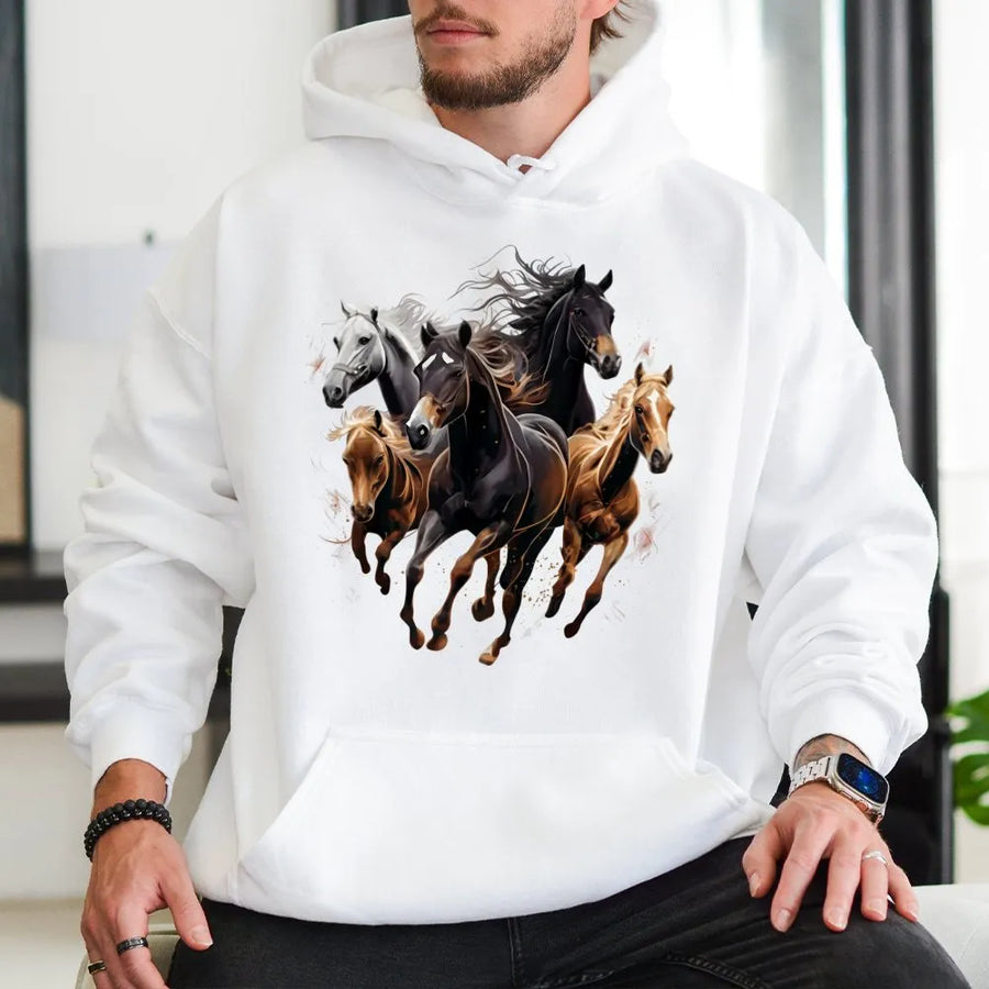 Running Horses Hoodie | Artistic Wild Equine Graphic | Premium Cotton-Poly Blend | Equestrian Gift for Horse Lovers