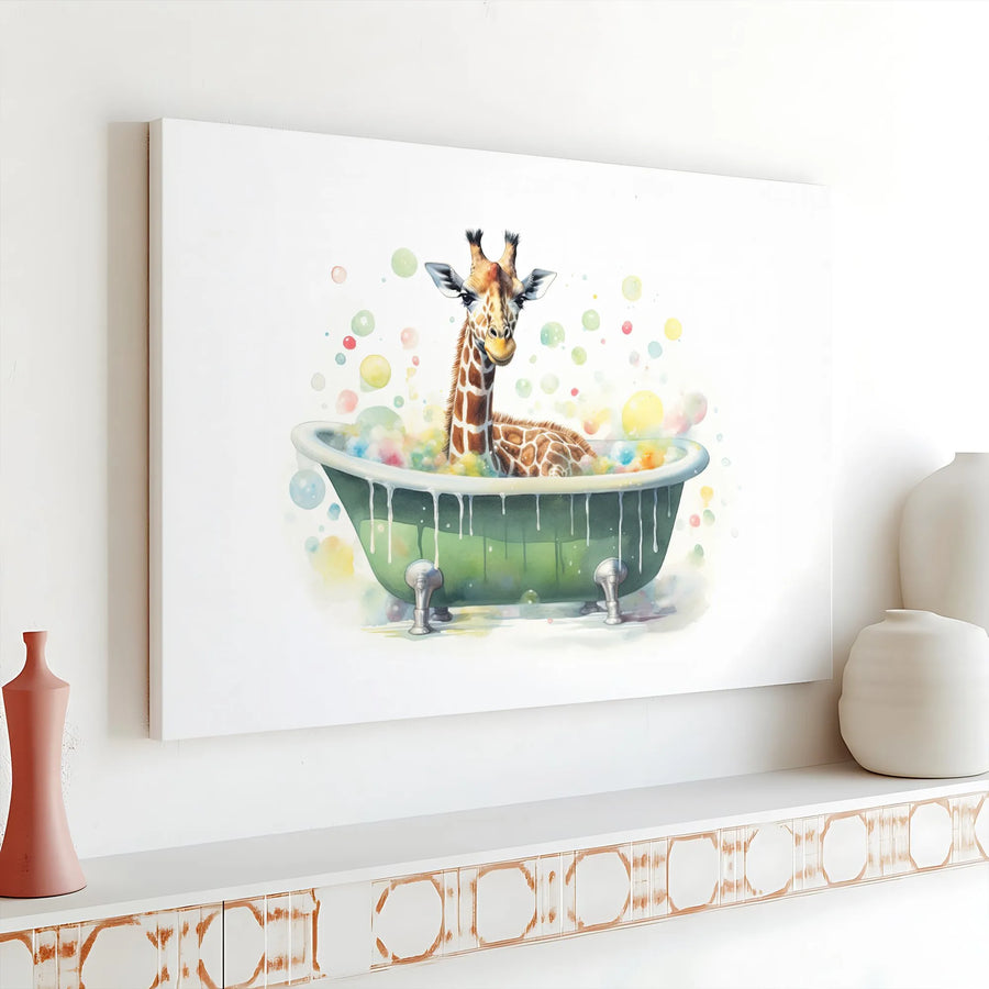 Watercolor Giraffe In Bathtub Canvas | Whimsical Animal Bathroom Wall Art | Premium Gallery Wrap Decor | Fun Nursery or Kids Room Gift Idea