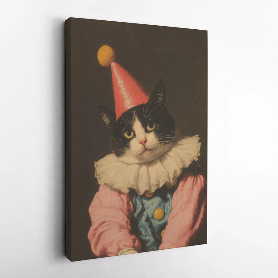 Tuxedo Cat Clown Canvas Print | Vintage Whimsical Animal Portrait | Gallery-Wrap Premium Wall Art | Unique Home Decor Gift for Cat Lovers