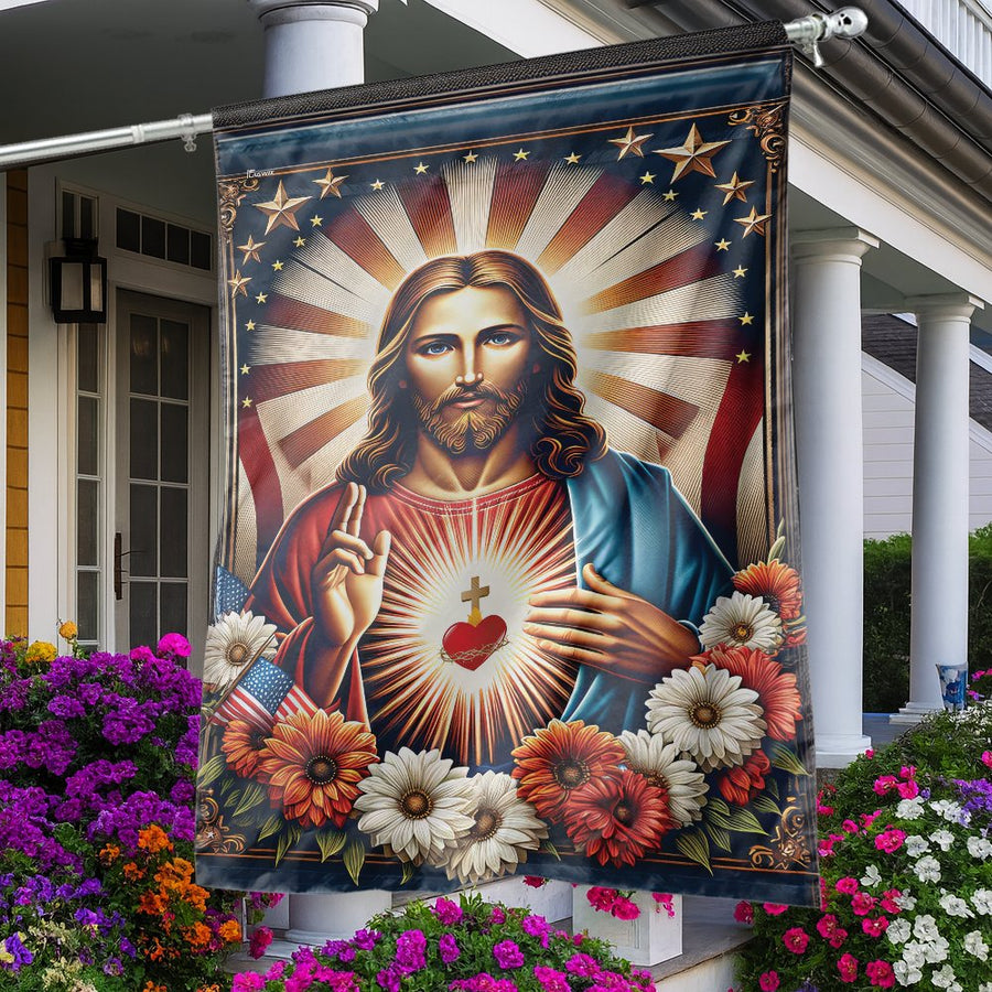 Sacred Heart of Jesus Patriotic Garden Flag | Religious American Faith Garden Decor | Durable 100% Polyester | Christian Gift for Home Exterior