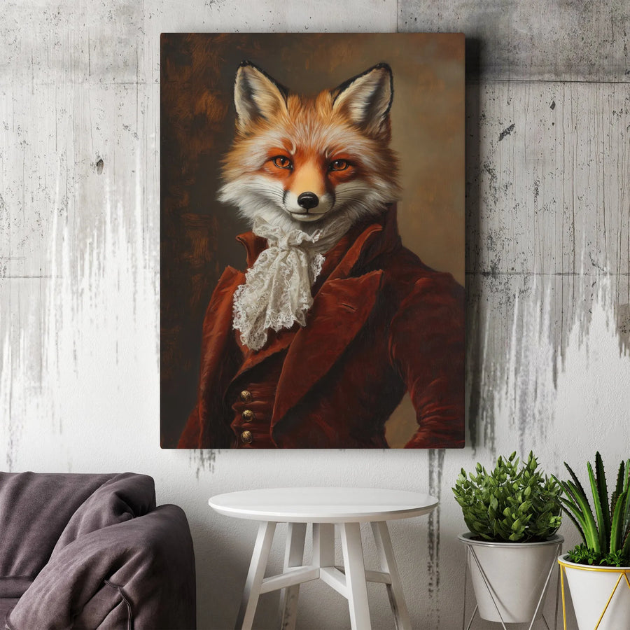 Gentleman Fox Vertical Canvas | Victorian Animal Portrait Painting | Premium Gallery Style Wall Art | Unique Home Decor Gift for Office