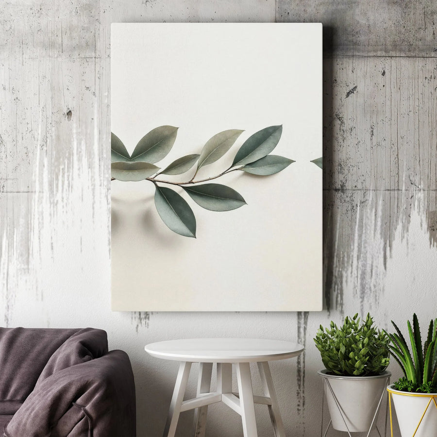 Minimalist Botanical Leaf Canvas Art | Green Sage Branch Wall Decor | Premium Framed Gallery Wrap | Modern Neutral Home Interior Gift