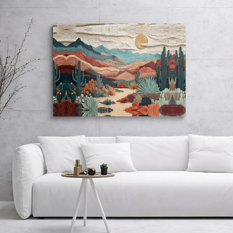 Southwestern Desert Canvas Wall Art | Textured Saguaro Cactus & Mountain Landscape | 1.25" Gallery Wrap Premium Print | Modern Home & Office Decor