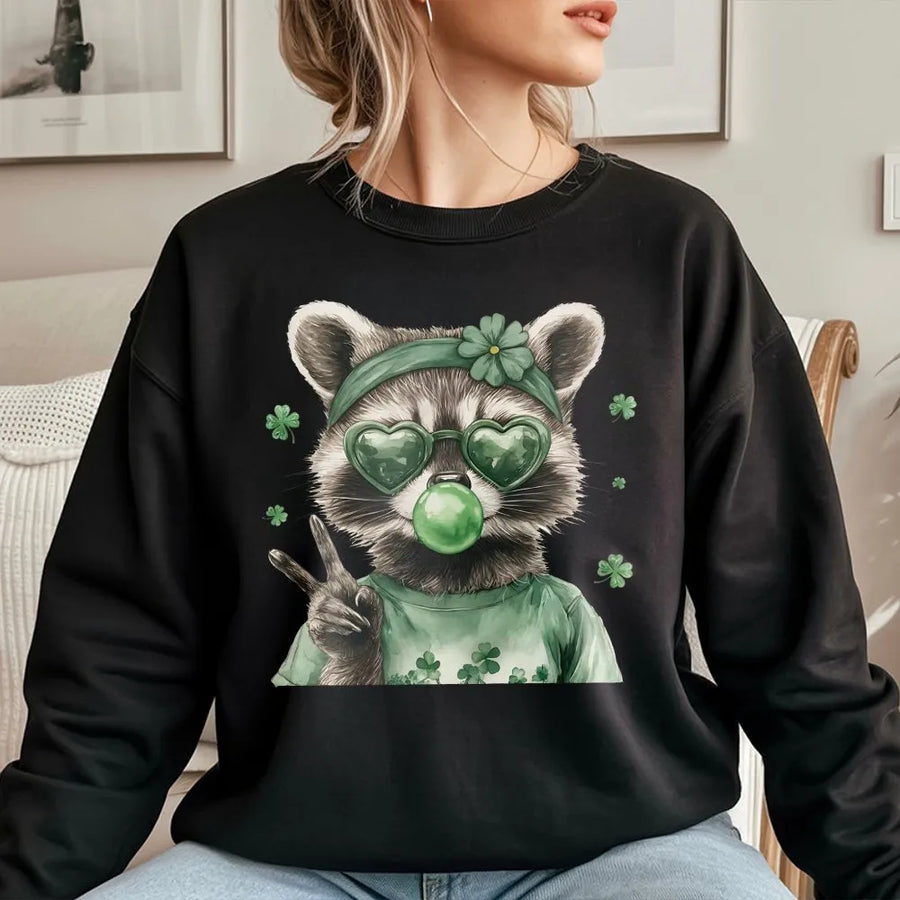 St. Patrick's Day Raccoon Sweatshirt | Peace Sign Bubblegum Raccoon Graphic | Soft Cotton Blend | Funny Irish Holiday Gift for Animal Lovers