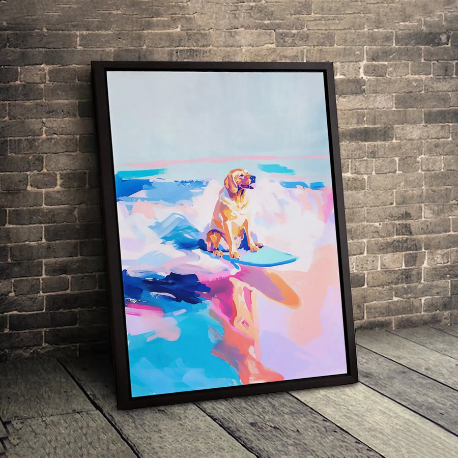 Surfing Labrador Canvas Art | Colorful Abstract Dog Ocean Print | 1.25 Inch Premium Gallery Wrap | Coastal Beach House Wall Decor Gift