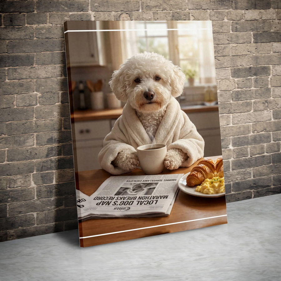 Funny Dog Reading Newspaper Canvas Wall Art | Whimsical Poodle in Robe with Morning Coffee | Premium Gallery Print | Unique Gift for Dog Lover & Kitchen Decor