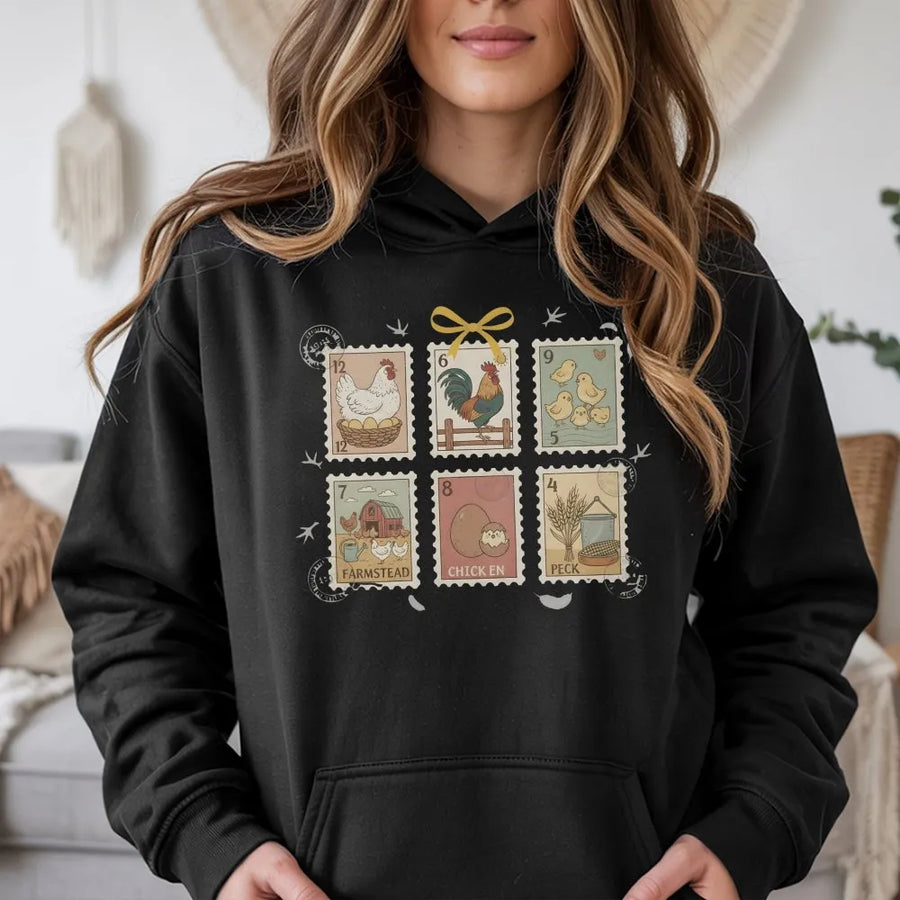 Chicken Stamp Hoodie | Vintage Farmstead Postage Stamp Graphic | Premium Cotton Blend | Gift for Chicken Mom and Farmer