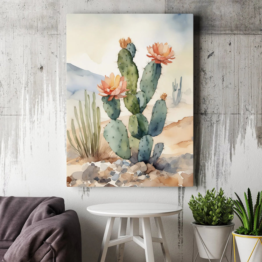 Desert Cactus Wall Art | Watercolor Blooming Prickly Pear Print | Premium Gallery Wrap Canvas | Southwestern Home Decor Gift