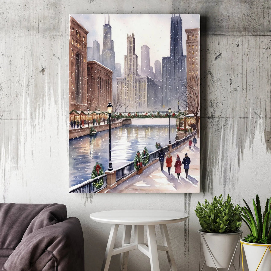 Chicago Riverwalk Winter Canvas Print | Snowy Cityscape Holiday Wall Art | Premium Gallery-Wrapped Decor | Gift for Chicago Lovers