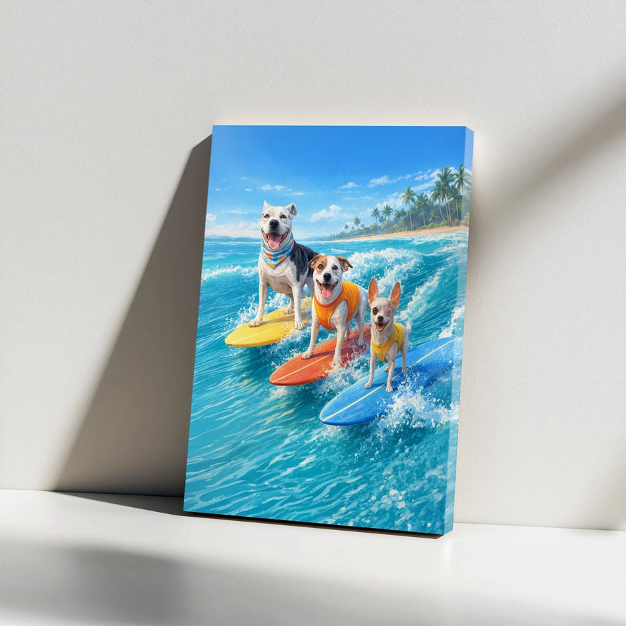 Surfing Dogs Canvas Wall Art | Funny Tropical Beach Scene Print | Premium Gallery Wrap Canvas | Gift for Dog Lover, Coastal Home Decor