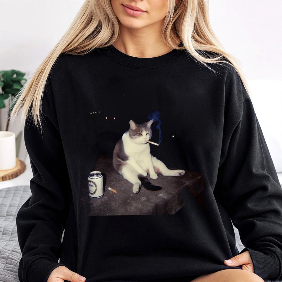 Funny Cat Smoking Sweatshirt | Retro Meme Graphic Pullover | Soft Cotton Blend | Unique Gift for Cat Lovers and Humorous Streetwear Enthusiasts
