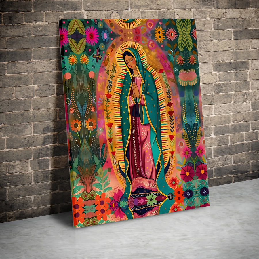 Our Lady of Guadalupe Canvas Art | Colorful Floral Folk Art Print | Premium 1.25-Inch Thick Gallery Wrap | Religious Home Wall Decor Gift