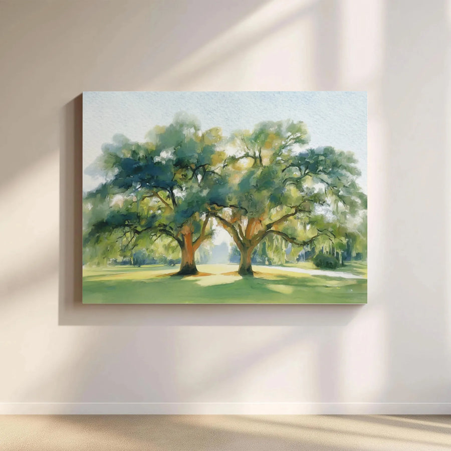 Southern Live Oak Canvas Print | Impressionist Twin Trees Painting | Premium Gallery Wrapped Wall Art | Farmhouse Living Room Decor Gift