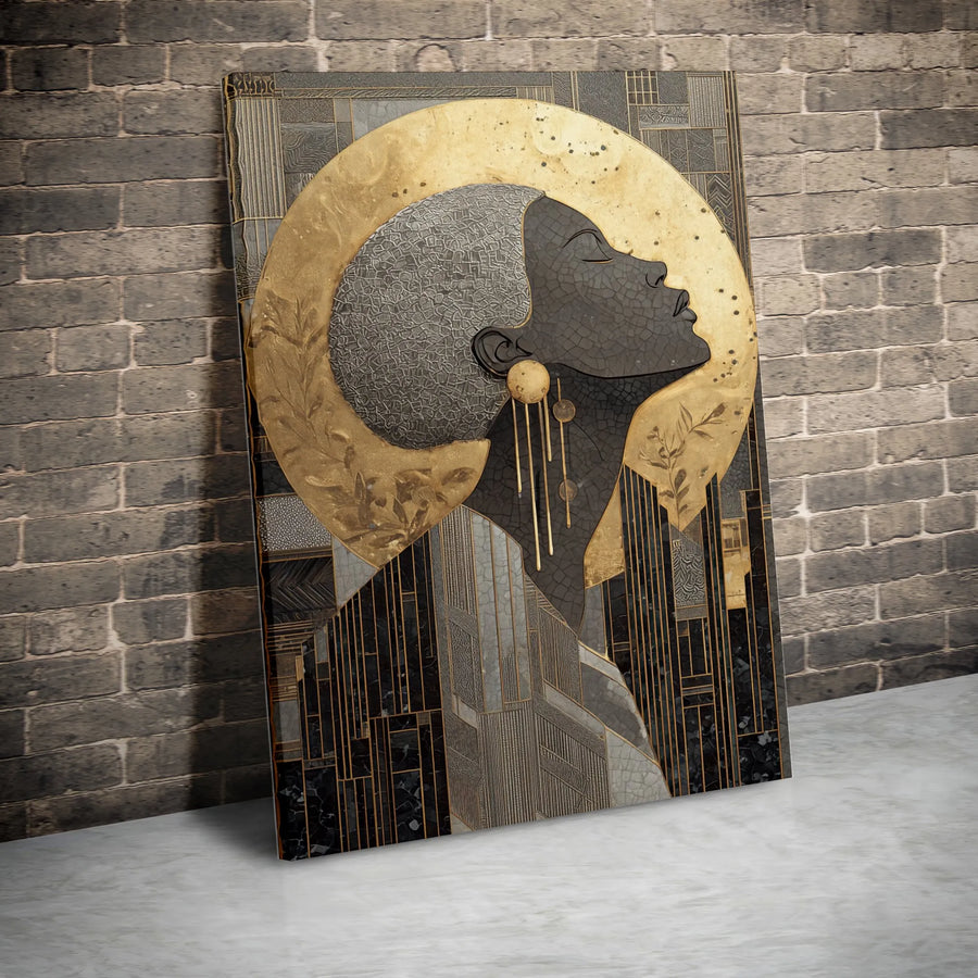 Black Woman Art Deco Canvas | Golden Halo Abstract Wall Art | Premium Gallery Wrapped Print | Sophisticated Home Decor Gift For Her