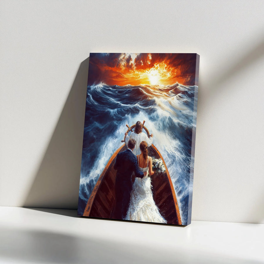 Jesus Guiding Couple Through Stormy Sea Canvas | Religious Wedding Wall Art | 1.25 Inch Gallery Wrap | Christian Gift For Newlyweds
