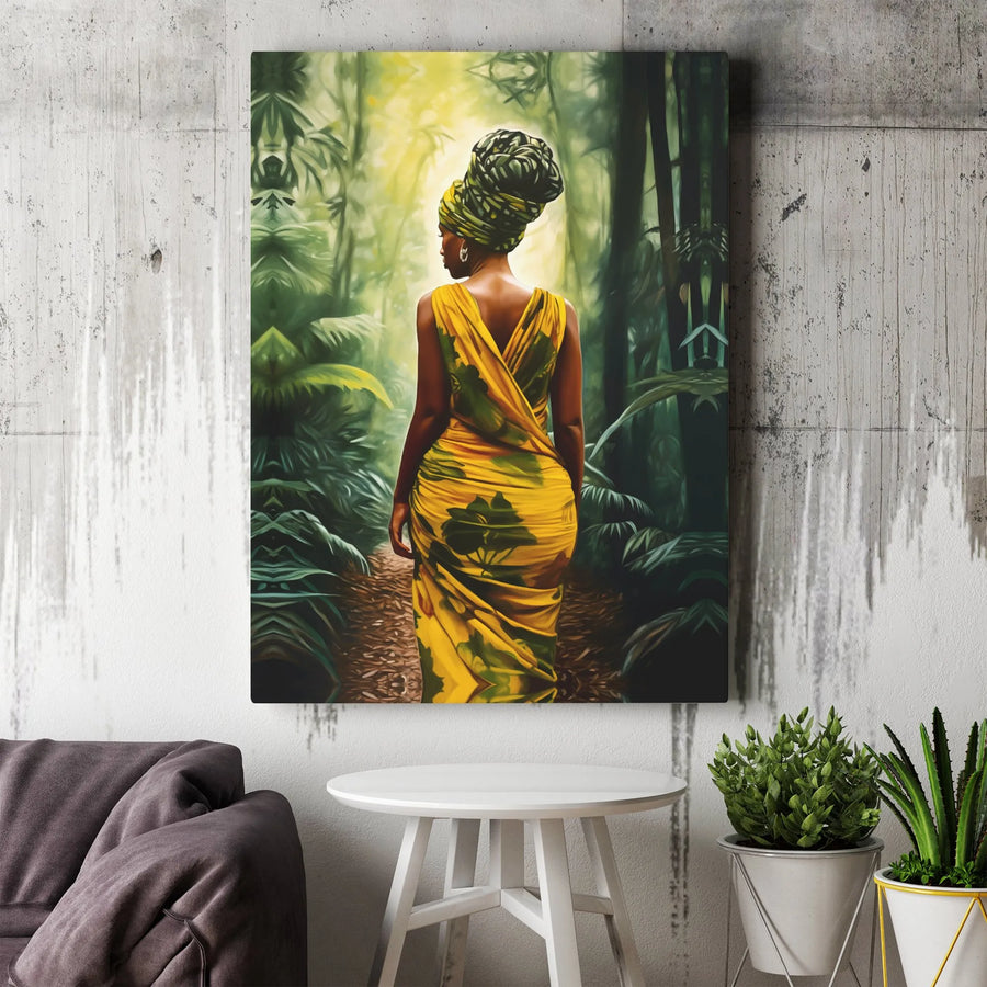 African Woman Wall Art | Jungle Forest Portrait in Yellow Dress | Premium Gallery Wrap Canvas | Cultural Home Decor Gift for Her