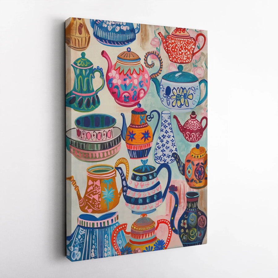 Colorful Teapots Canvas Wall Art | Whimsical Folk Art Teapot Print | Premium Gallery Wrapped Canvas | Kitchen Decor Gift for Tea Lover