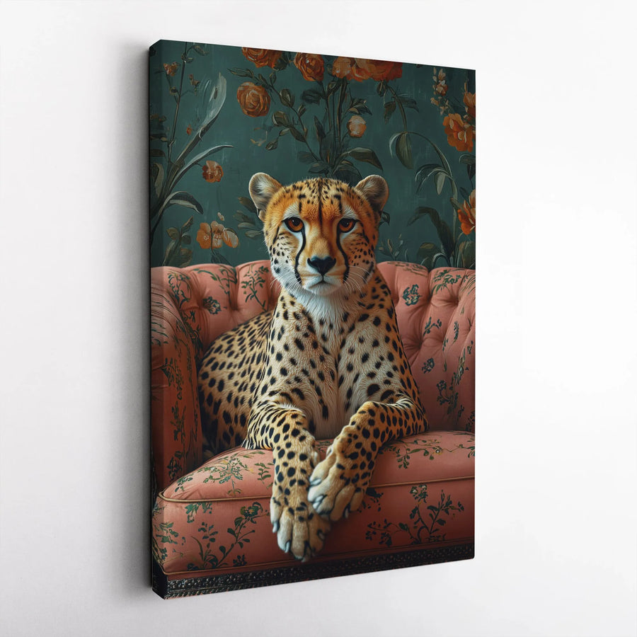 Cheetah Wall Art | Regal Animal Sitting on Vintage Floral Armchair | Premium Gallery-Wrapped Canvas | Eclectic Home Decor Gift