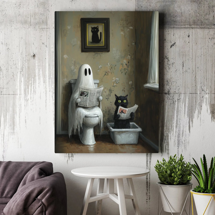 Ghost Reading Newspaper On Toilet Wall Art | Funny Black Cat Bathroom Decor | Gallery Quality Canvas Print | Unique Halloween Home Gift