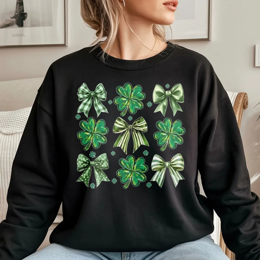 St. Patrick's Day Shamrock Sweatshirt | Cute Green Clover Bow Graphic | Premium Cotton Blend | Festive Irish Holiday Gift For Women