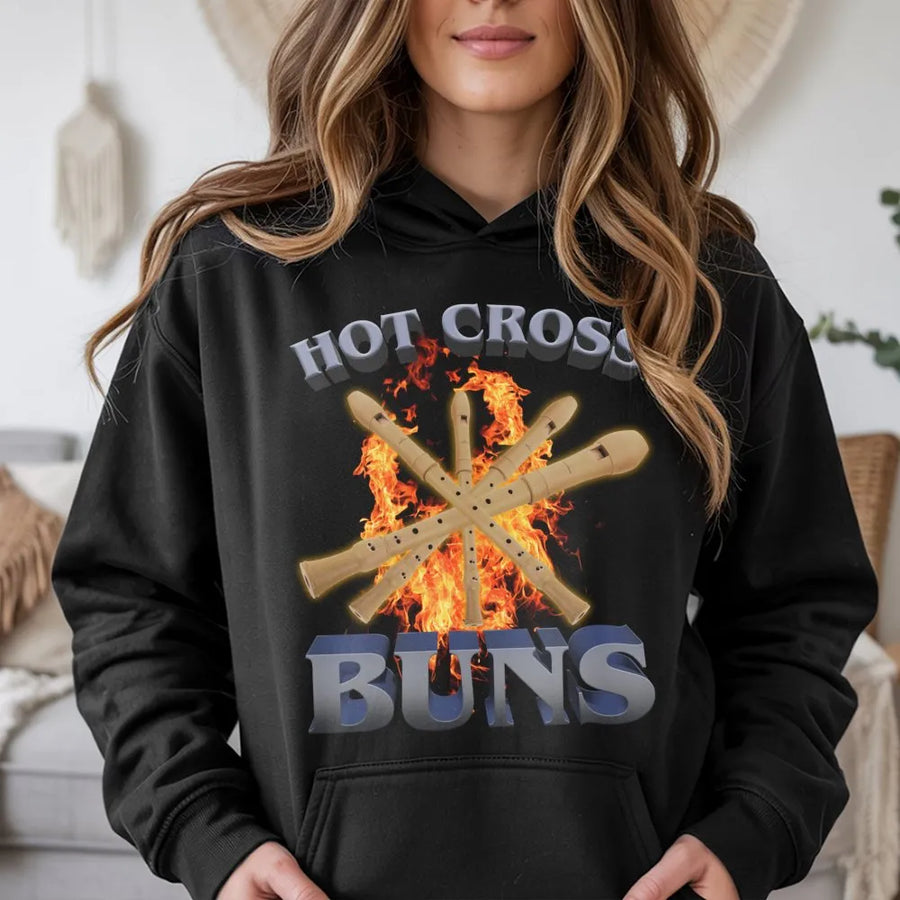 Hot Cross Buns Hoodie | Funny Music Teacher Gift | Premium Cotton-Poly Blend Pullover | Music Lover & Recorder Player Apparel