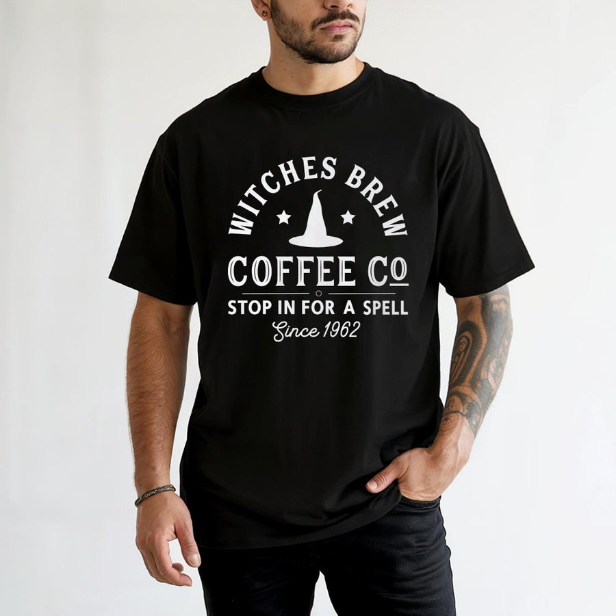Witches Brew Coffee Co T-Shirt | Funny Witch Hat Halloween Graphic | 100% Cotton Premium Tee | Spooky Gift for Coffee Lovers