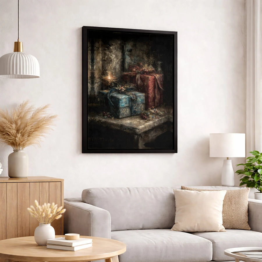 Christmas Still Life Canvas Print | Festive Wrapped Gift Boxes & Candlelight Art | Premium Gallery-Quality Decor | Holiday Home Wall Art Gift