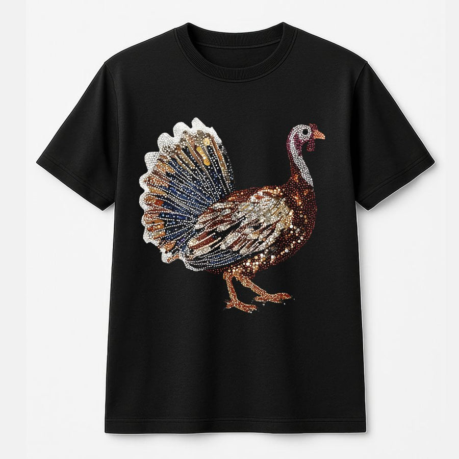 Turkey Graphic T-Shirt | Faux Rhinestone Thanksgiving Design | Premium 100% Cotton Tee | Festive Fall Holiday Gift for Men and Women