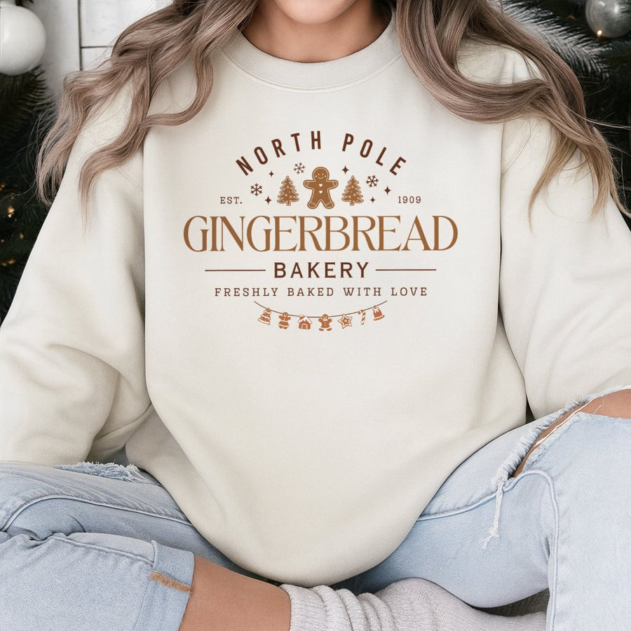 Gingerbread Bakery Christmas Sweatshirt | North Pole Festive Cookie Graphic | Cotton Blend Premium Crewneck | Holiday Gift For Women And Men