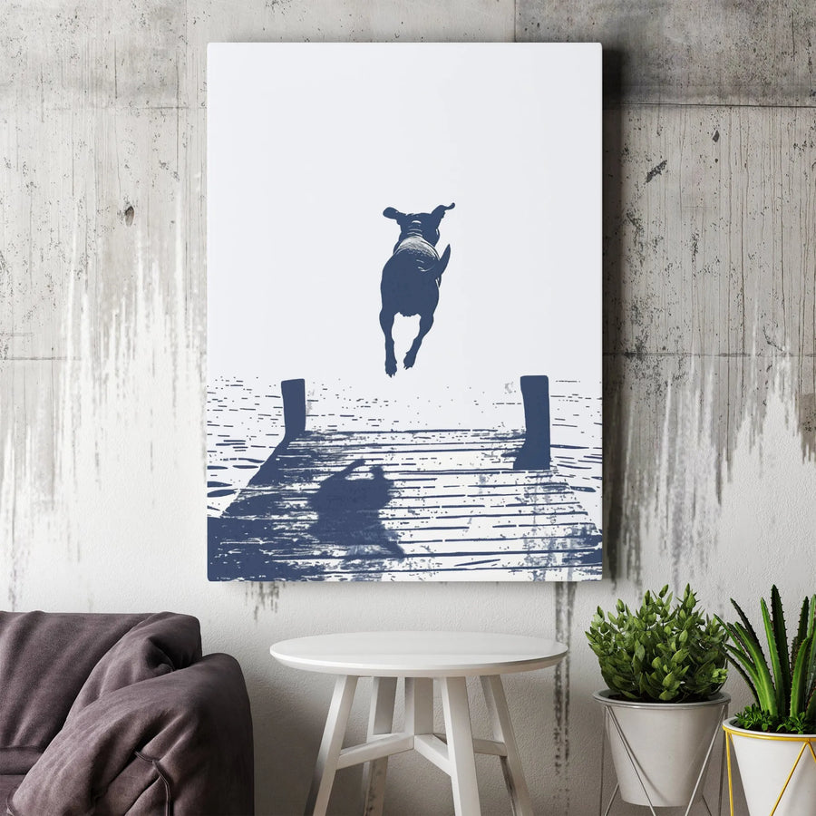 Dog Jumping Into Water Canvas Art | Minimalist Silhouette Pier Print | 1.25-Inch Gallery Wrap | Modern Pet Lover Gift & Wall Decor