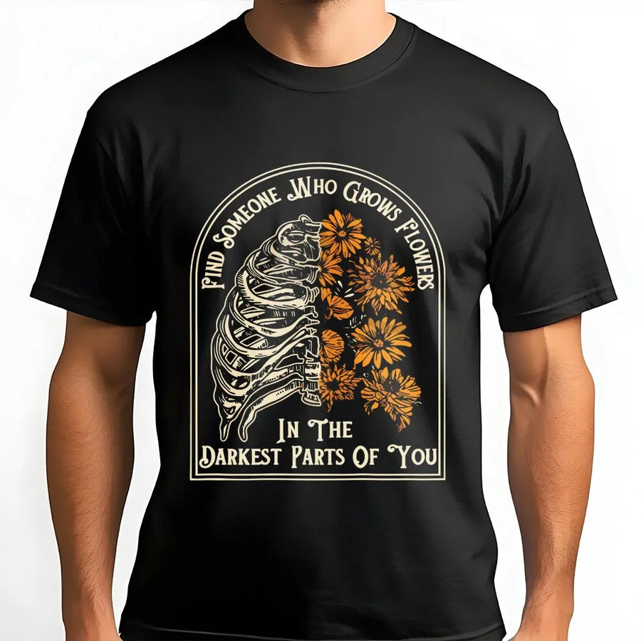 Floral Skeleton T-Shirt | Vintage Rib Cage Graphic with Flowers | Premium Cotton Tee | Romantic Quote Gift for Dark Academia Fans
