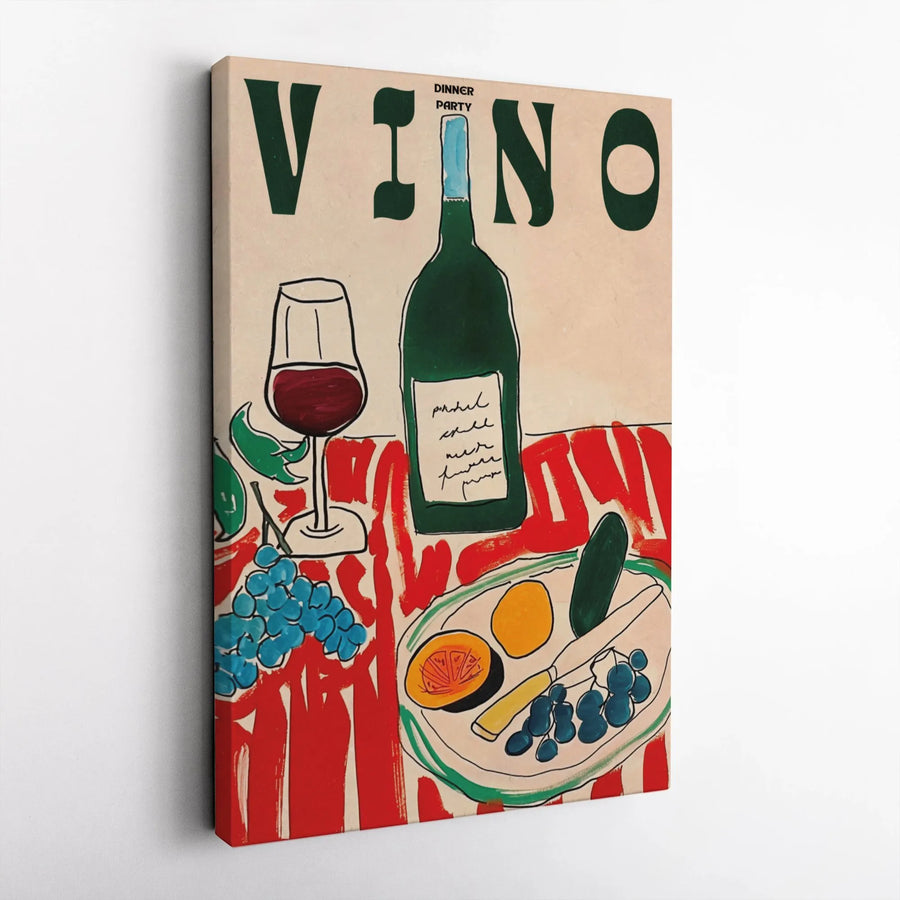 Vino Dinner Party Wall Art | Abstract Wine Bottle & Fruit Illustration | Premium Gallery Wrap Canvas | Kitchen Decor Gift for Wine Lovers