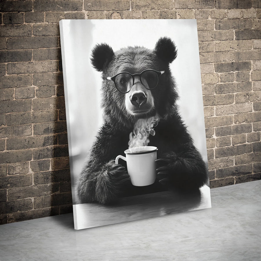 Bear Drinking Coffee Canvas Art | Modern Black And White Animal Portrait | Premium Gallery Wrapped Decor | Unique Office Gift For Coffee Lovers