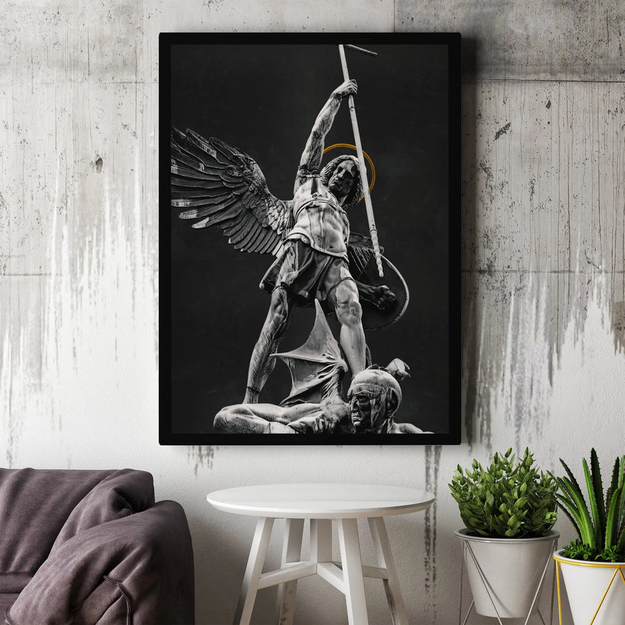 Archangel Michael Canvas Print | St Michael Defeating Satan Statue Wall Art | Premium 1.25" Gallery Wrap | Religious Home Decor Gift