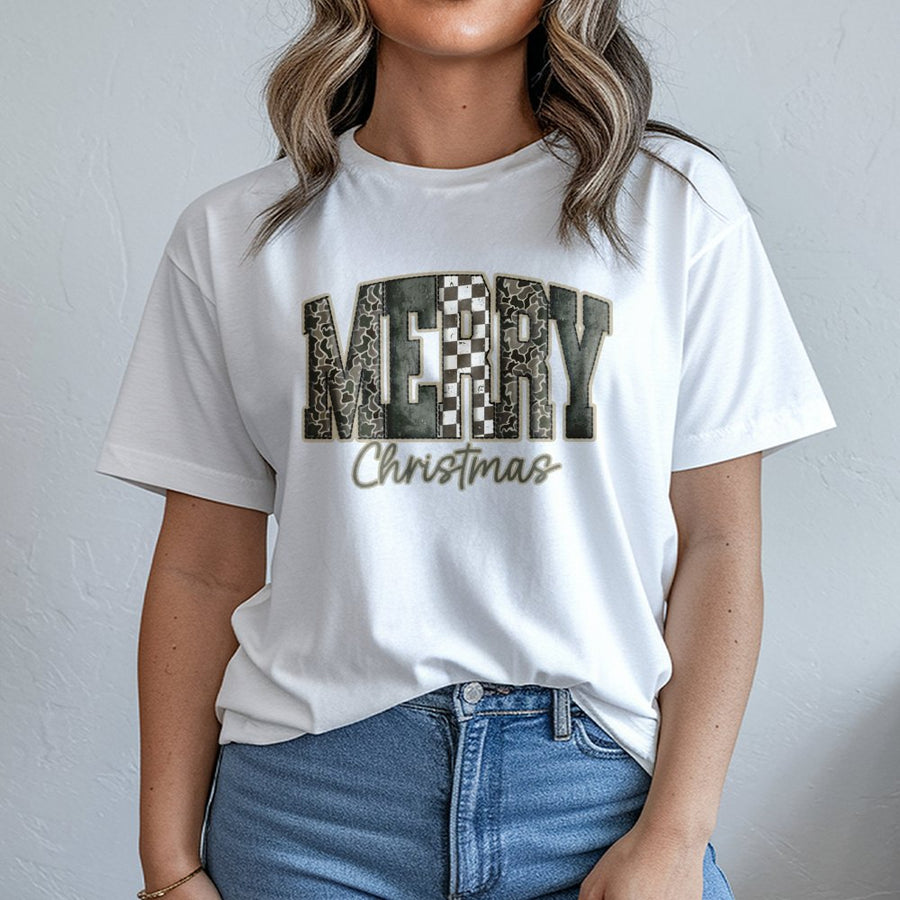 Merry Christmas Camo T-Shirt | Distressed Checkered Pattern Graphic | Premium 100% Cotton Tee | Unisex Holiday Gift for Women and Men