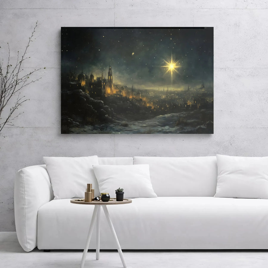 Star of Bethlehem Canvas Wall Art | Snowy Ancient City Night Scene | Premium Gallery-Wrapped Print | Religious Holiday Home Decor