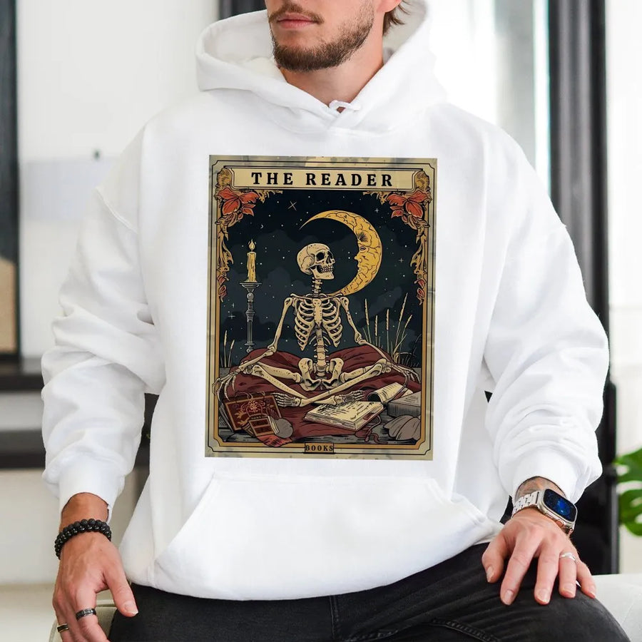 The Reader Tarot Card Shirt | Vintage Skeleton Reading Book Graphic | Premium Comfort Colors Tee | Gift for Book Lovers and Librarians