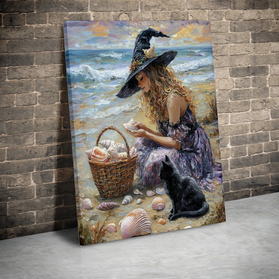 Beach Witch Canvas Wall Art | Impressionist Painting Print with Black Cat | Premium Gallery Wrap Canvas | Whimsical Wiccan Home Decor Gift