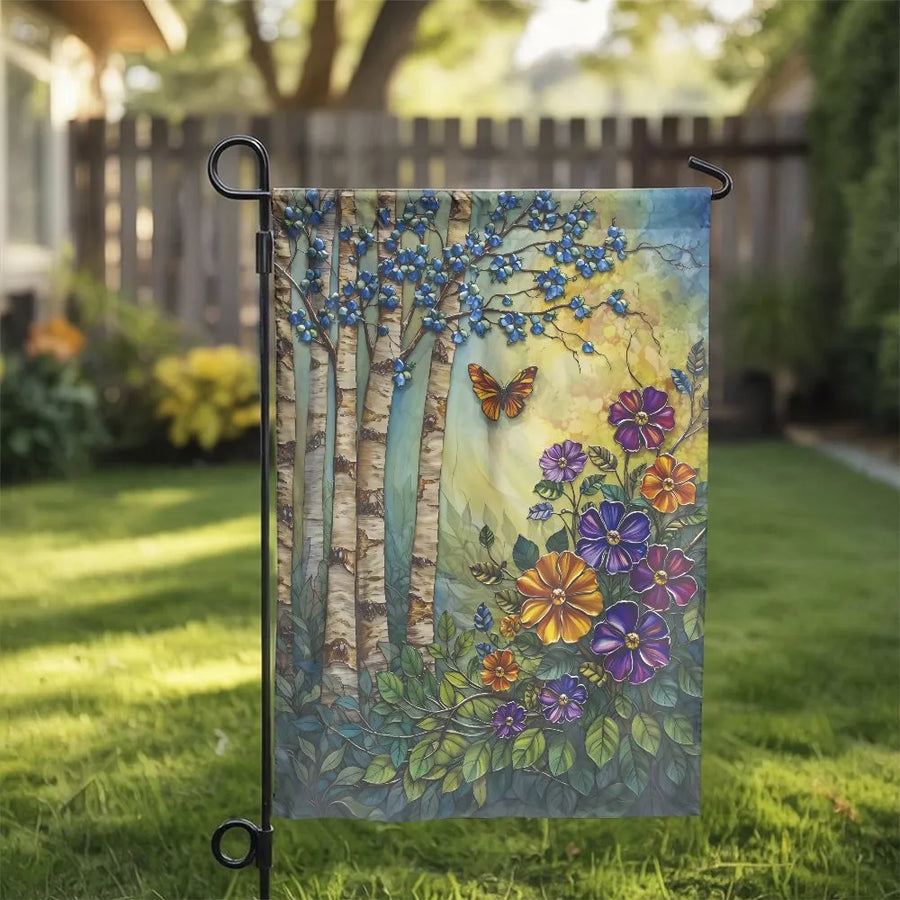 Botanical Art Garden Flag | Birch Tree, Butterfly & Wildflower Design | Double Sided Premium Polyester | Outdoor Yard Decor & Housewarming Gift