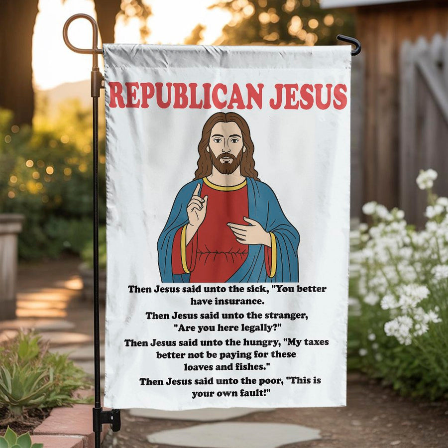 Republican Jesus Garden Flag | Satirical Yard Banner | Weather-Resistant Polyester | Funny Novelty Gift for Commentary